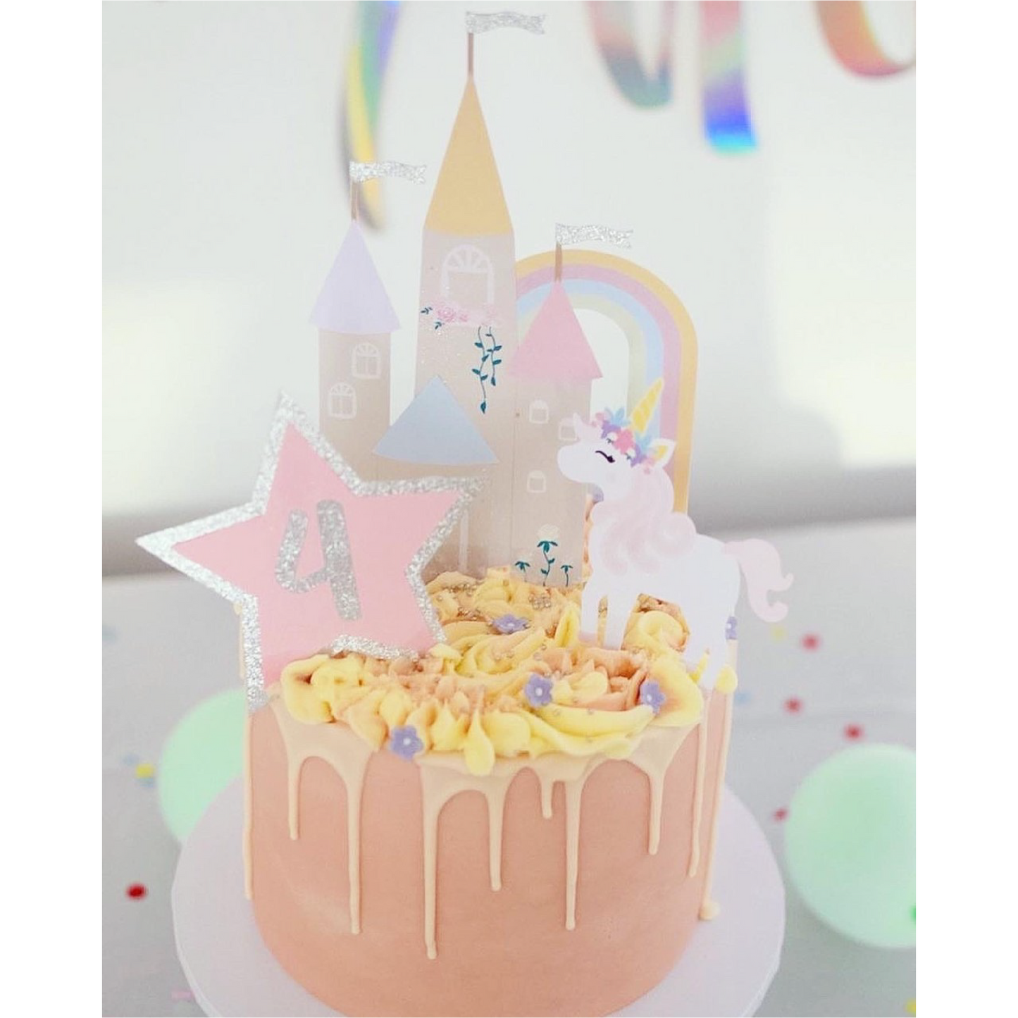 Pink Castle Cake Topper With Rainbow